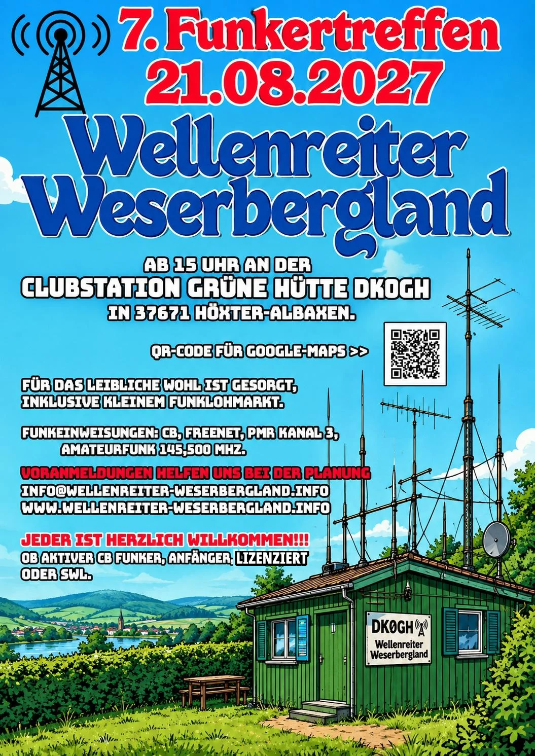 Plakat zum 7. Funkertreffen am 21. August 2027 ab 15 Uhr an DK0GH – Wellenreiter Weserbergland